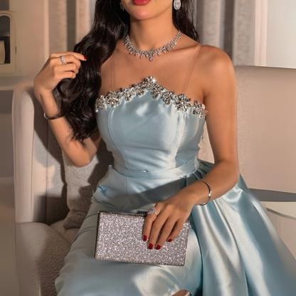 Light Blue Satin Sleeveless Rhinestone Mermaid Gown, Close Up