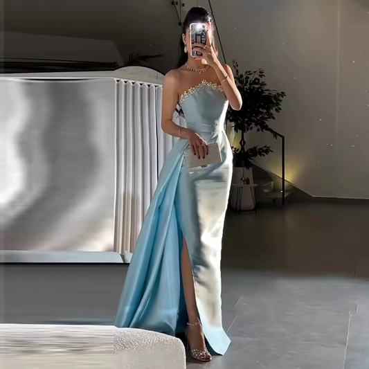 Light Blue Satin Sleeveless Rhinestone Mermaid Gown