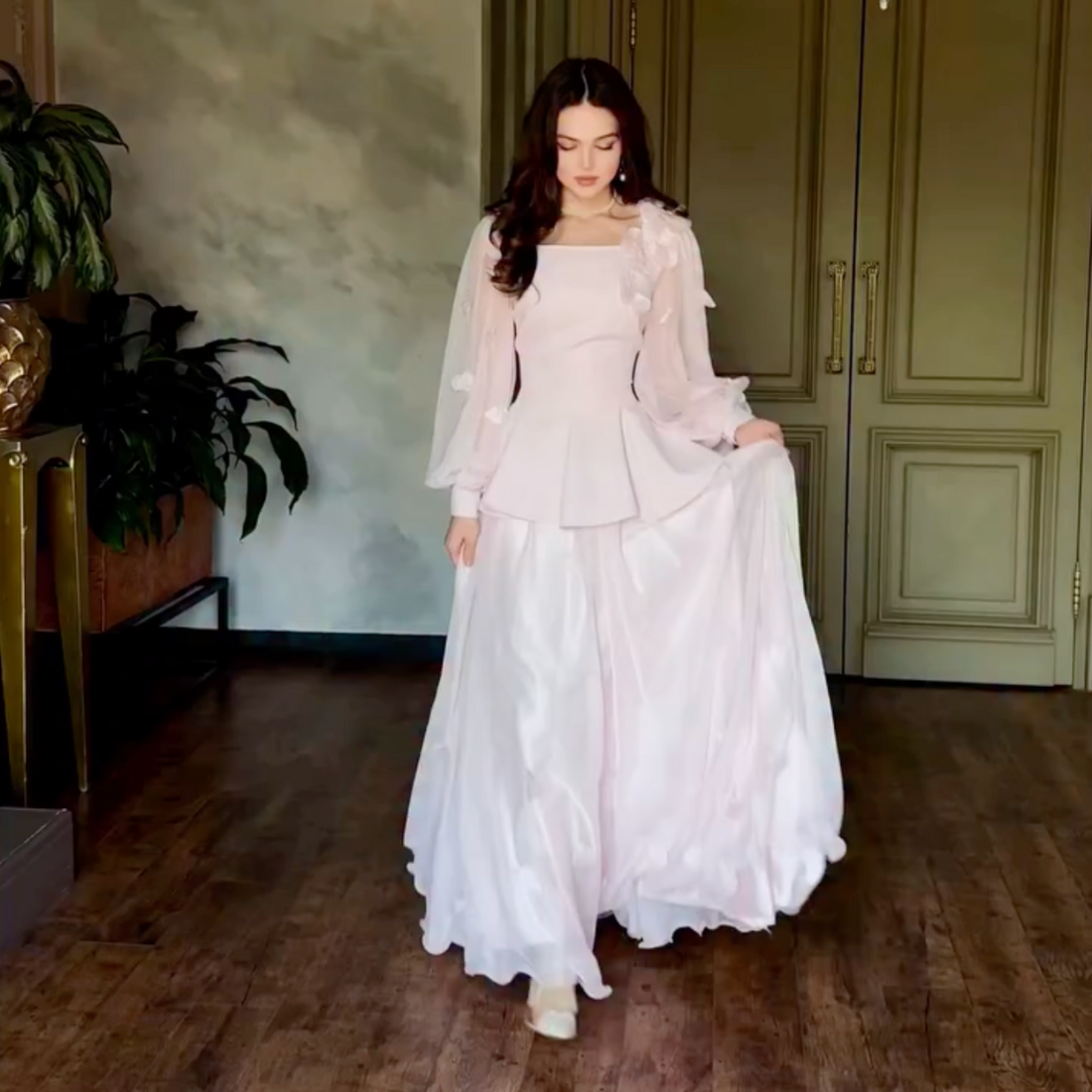 Pink Modest Flower Square Neck A-Line Long Dress