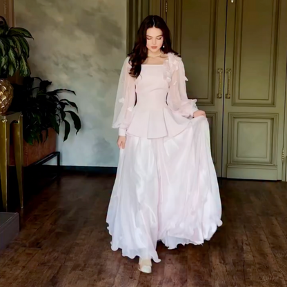 Pink Modest Flower Square Neck A-Line Long Dress