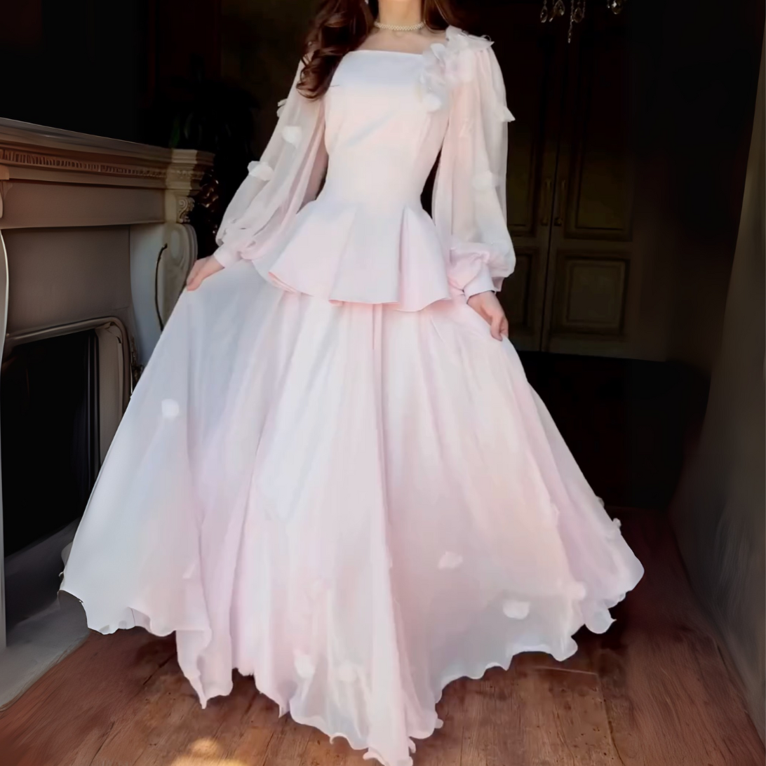Pink Modest Flower Square Neck A-Line Long Dress, Full Shot