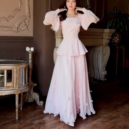 Pink Modest Flower Square Neck A-Line Long Dress, Front