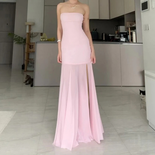 Light Pink Sleeveless Tube Neck Elegant Mesh Long Dress