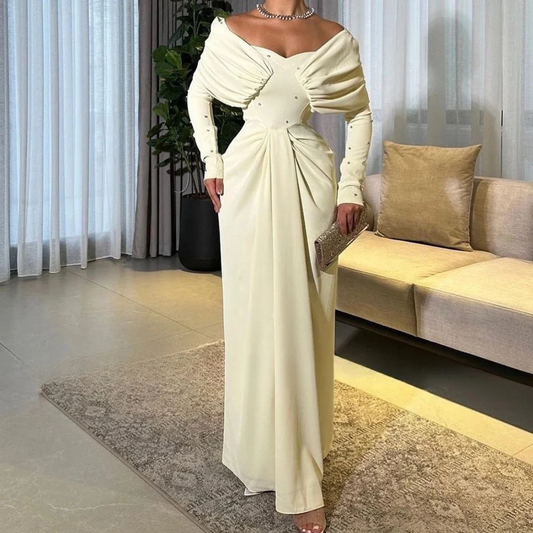Light Yellow Chiffon Off Shoulder Gemstone Evening Dress