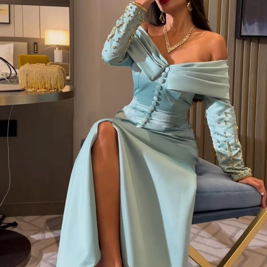 Light Blue Satin Button Off Shoulder Floor Length Gown