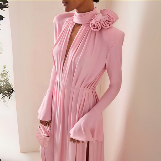 Light Pink Long Sleeves Flower Neck Floor-Length Dress