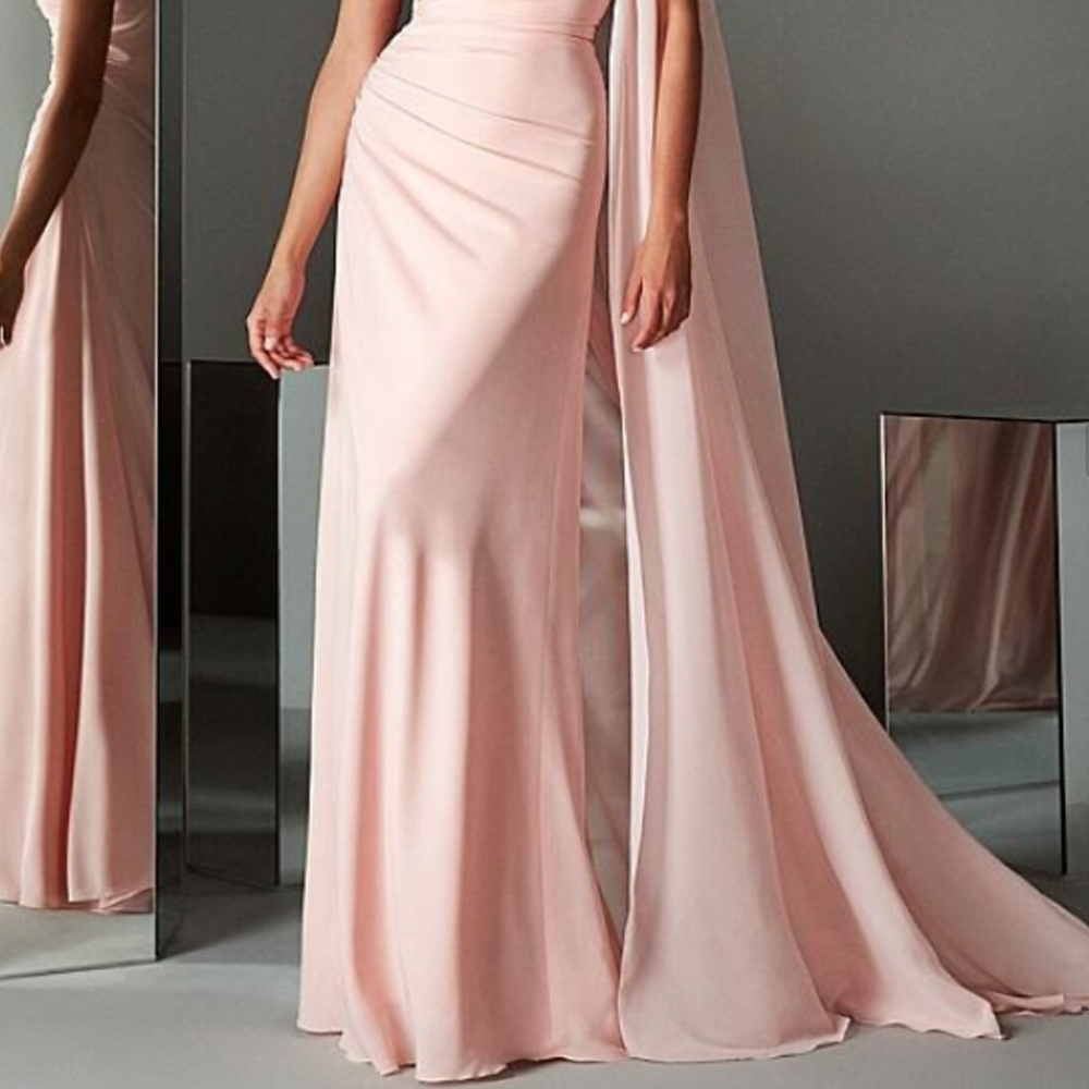 Light Pink Satin Elegant One Shoulder Drape Evening Dress, Bottom