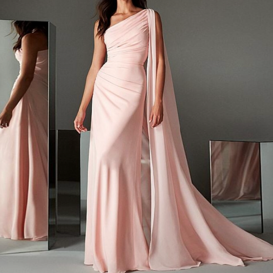 Light Pink Satin Elegant One Shoulder Drape Evening Dress, Front