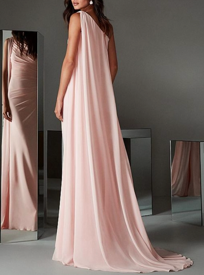 Light Pink Satin Elegant One Shoulder Drape Evening Dress, Back