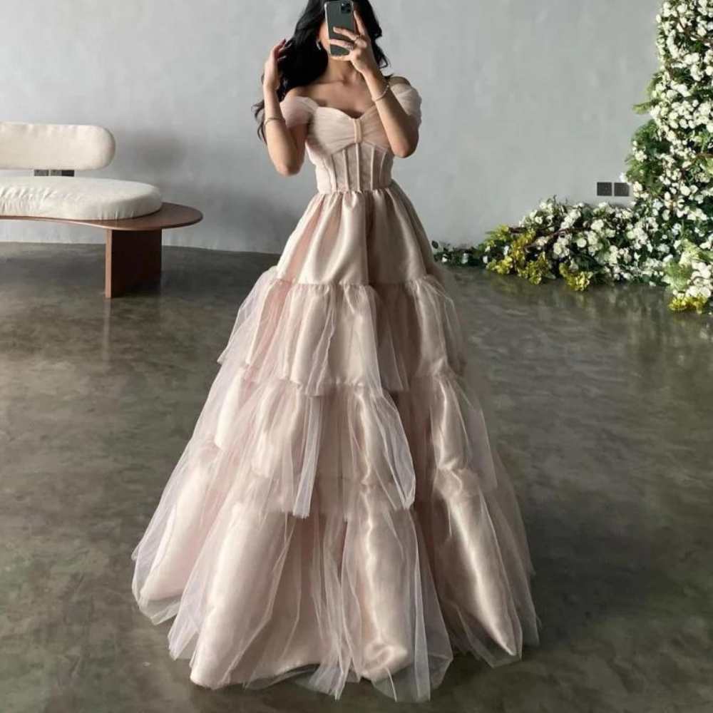 Light Pink Tiered Off Shoulder Princess Long Gown, Left