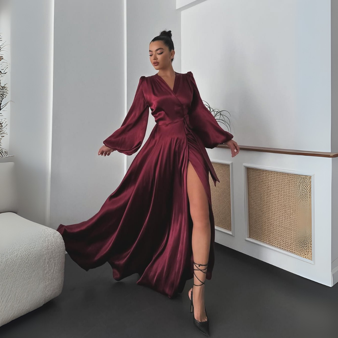Maroon Satin Long Puff Sleeves V-Neck Wrap Long Gown, Left