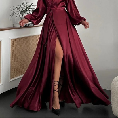 Maroon Satin Long Puff Sleeves V-Neck Wrap Long Gown