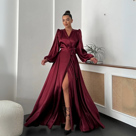 Maroon Satin Long Puff Sleeves V-Neck Wrap Long Gown