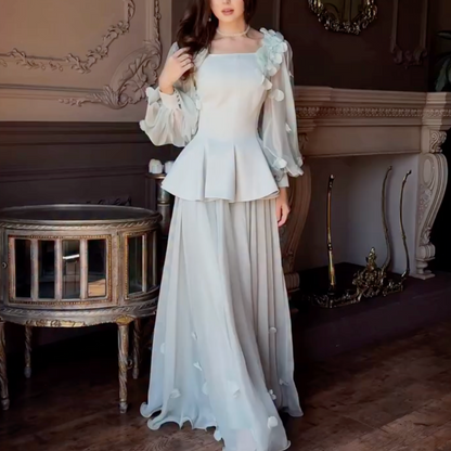 Mint Green Modest Flower Square Neck A-Line Long Dress