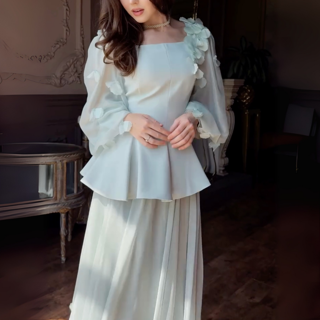 Mint Green Modest Flower Square Neck A-Line Long Dress, Close Up