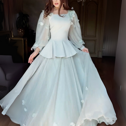 Mint Green Modest Flower Square Neck A-Line Long Dress, Full Shot