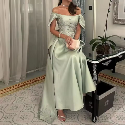 Mint Green Satin Floral Off Shoulder Elegant Gown, Front