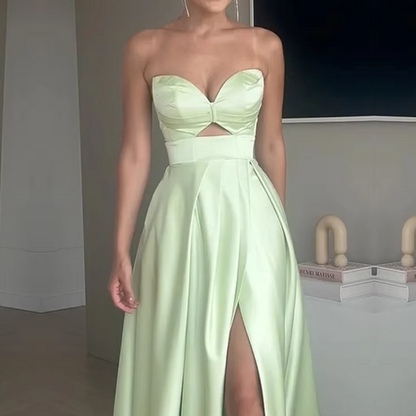 Mint Green Sweetheart Strapless Slit Evening Dress, Close Up