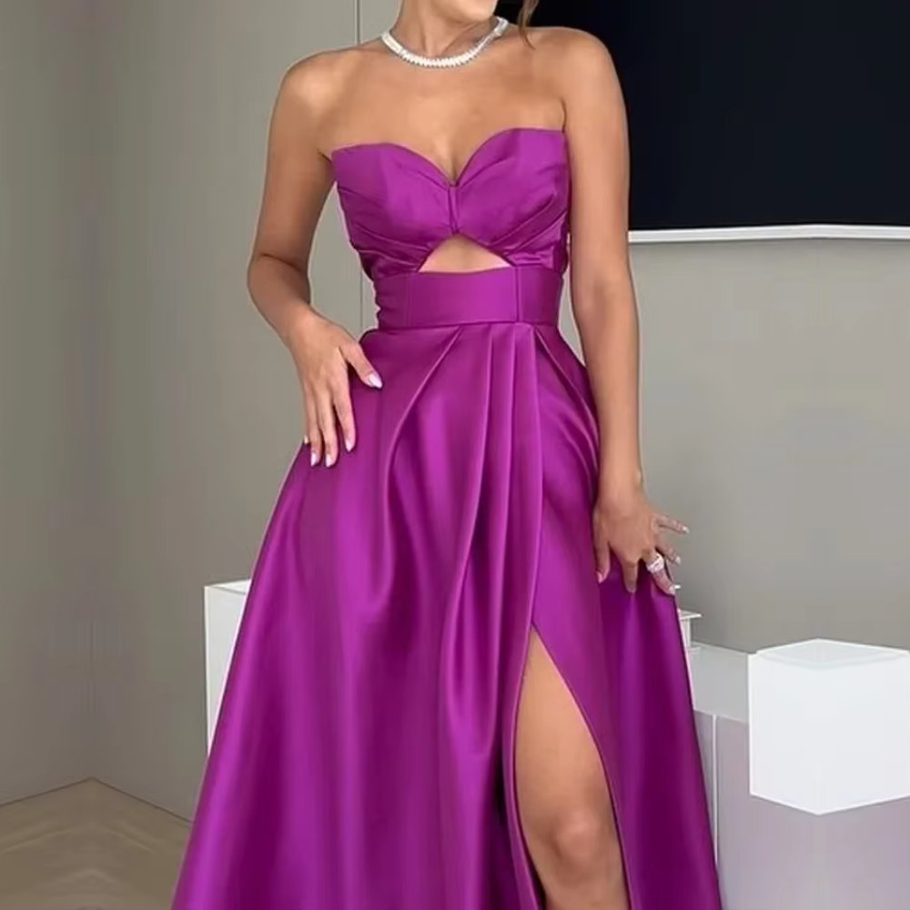 Purple Sweetheart Strapless Slit Evening Dress, Close Up