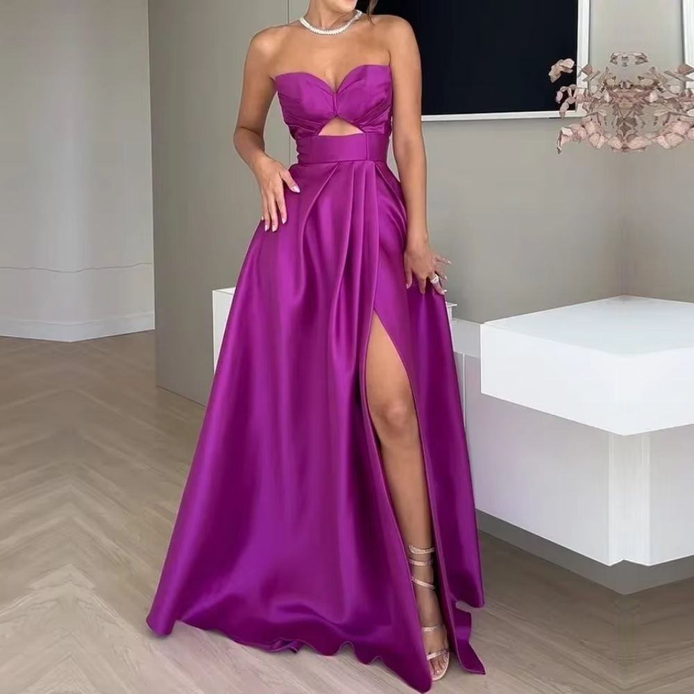 Purple Sweetheart Strapless Slit Evening Dress