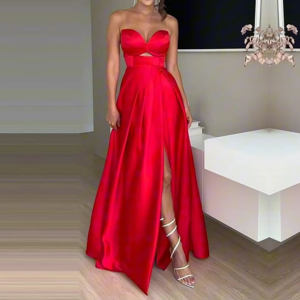 Red Sweetheart Strapless Slit Evening Dress, Front