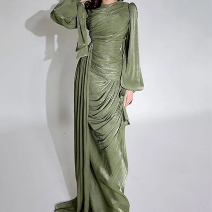 Modest Green Puff Sleeve Ruched Pleated Long Gown, Full Shot