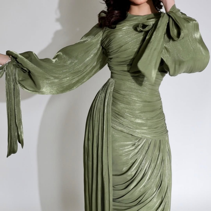 Modest Green Puff Sleeve Ruched Pleated Long Gown, Close Up