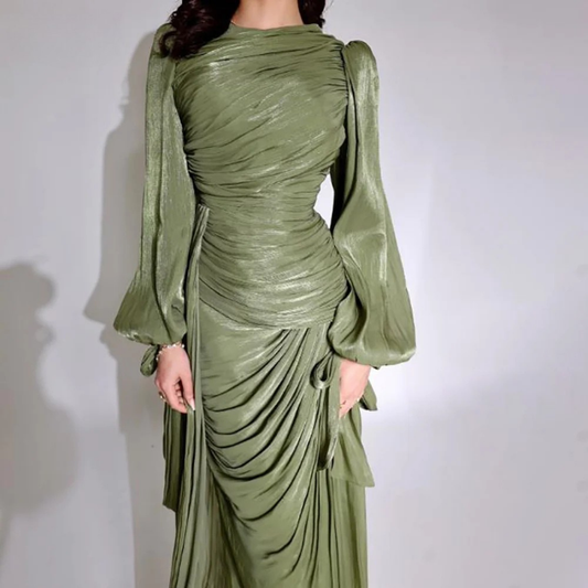 Modest Green Puff Sleeve Ruched Pleated Long Gown