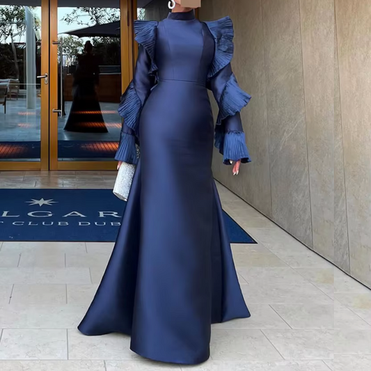 Navy Blue Modest Satin Ruffle Sleeves Mermaid Gown