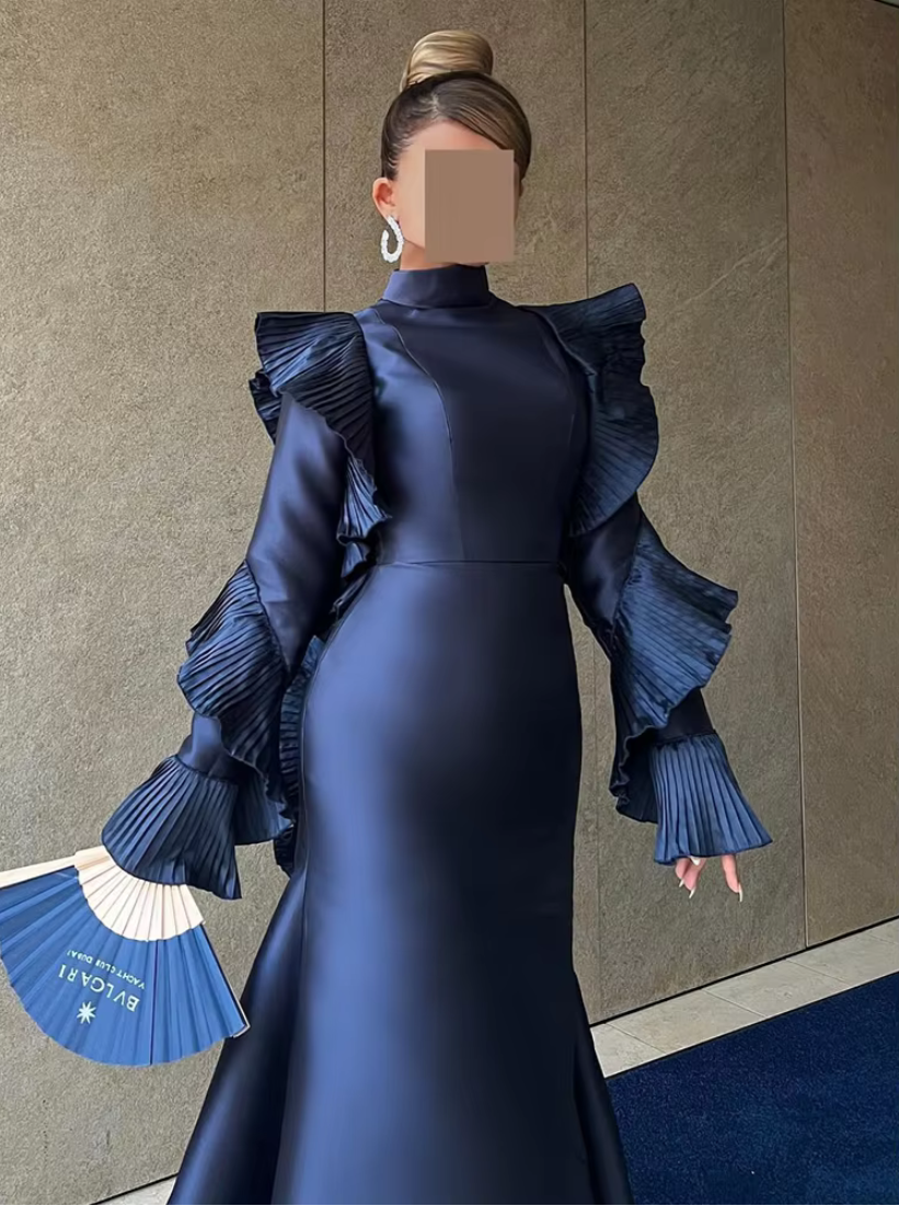 Navy Blue Modest Satin Ruffle Sleeves Mermaid Gown, Front
