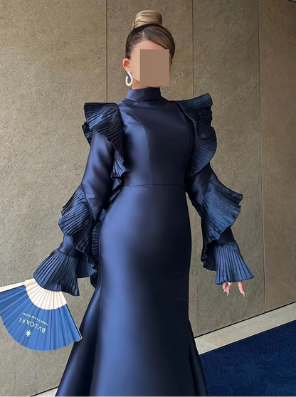 Navy Blue Modest Satin Ruffle Sleeves Mermaid Gown, Front