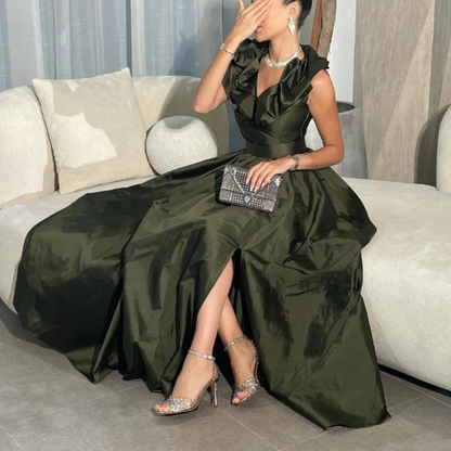 Olive Green Satin Ruffled Neckline Sleeveless A-Line Gown, Right