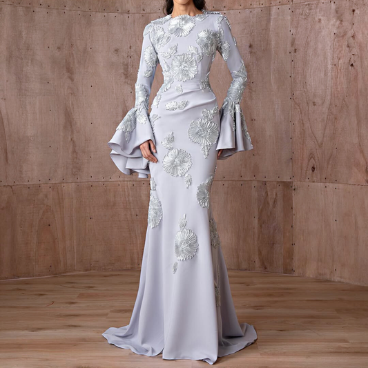 Pale Blue Floral Pattern Modest Flare Sleeves Mermaid Gown