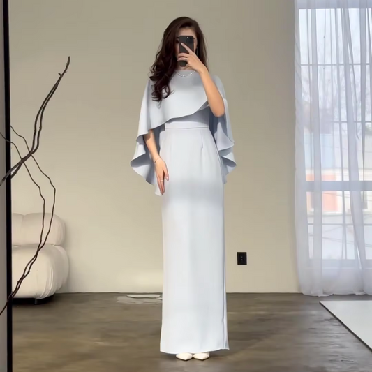 Pale Blue Modest Cape Sleeves Slim Long Dress, Front