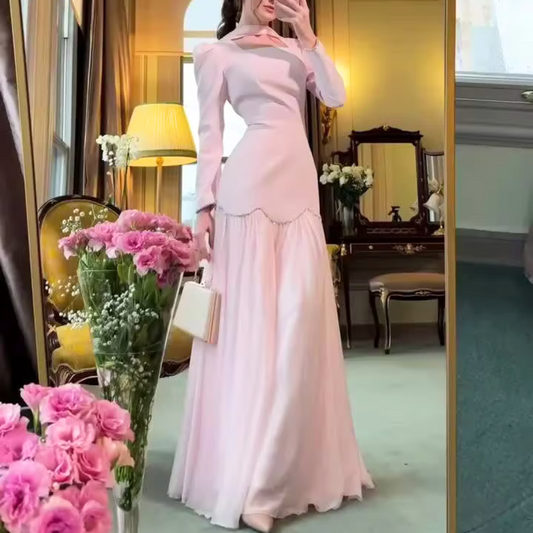 Pink Elegant Modest Square Neck Floor-Length Dress