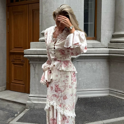 Pink Floral Puff Long Sleeves Ruched Mermaid Flare Dress, Left