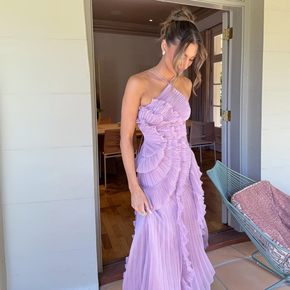 Purple Flower Layered Sleeveless Halter Neck Pleated Dress, Close Up