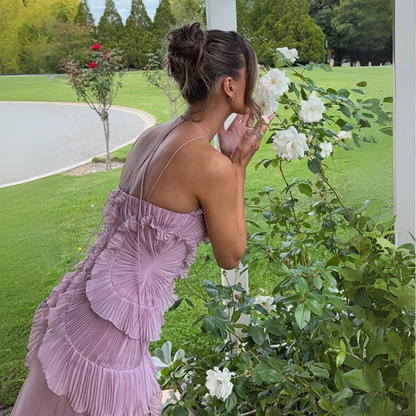 Purple Flower Layered Sleeveless Halter Neck Pleated Dress, Back
