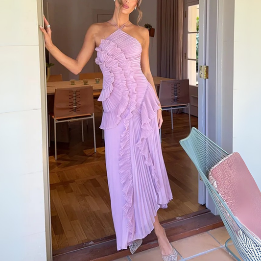 Purple Flower Layered Sleeveless Halter Neck Pleated Dress