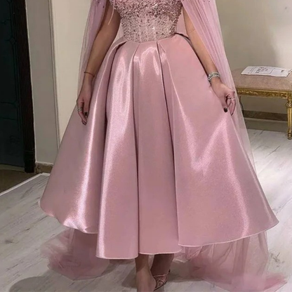 Pink Sparkly Embellished Off Shoulder Satin Midi Puff Dress, Skirt