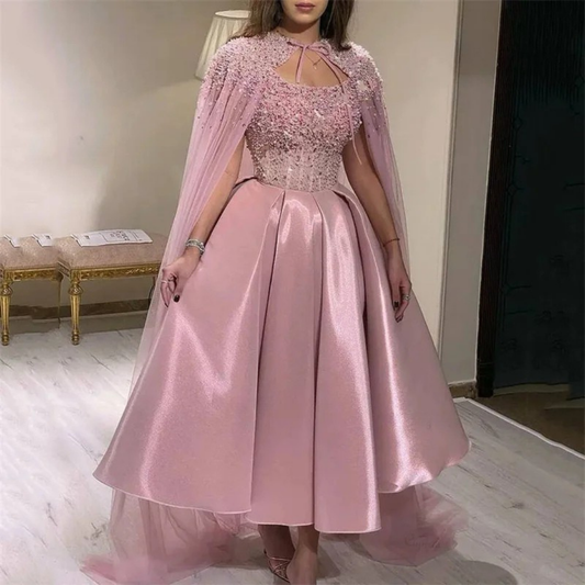 Pink Sparkly Embellished Off Shoulder Satin Midi Puff Dress