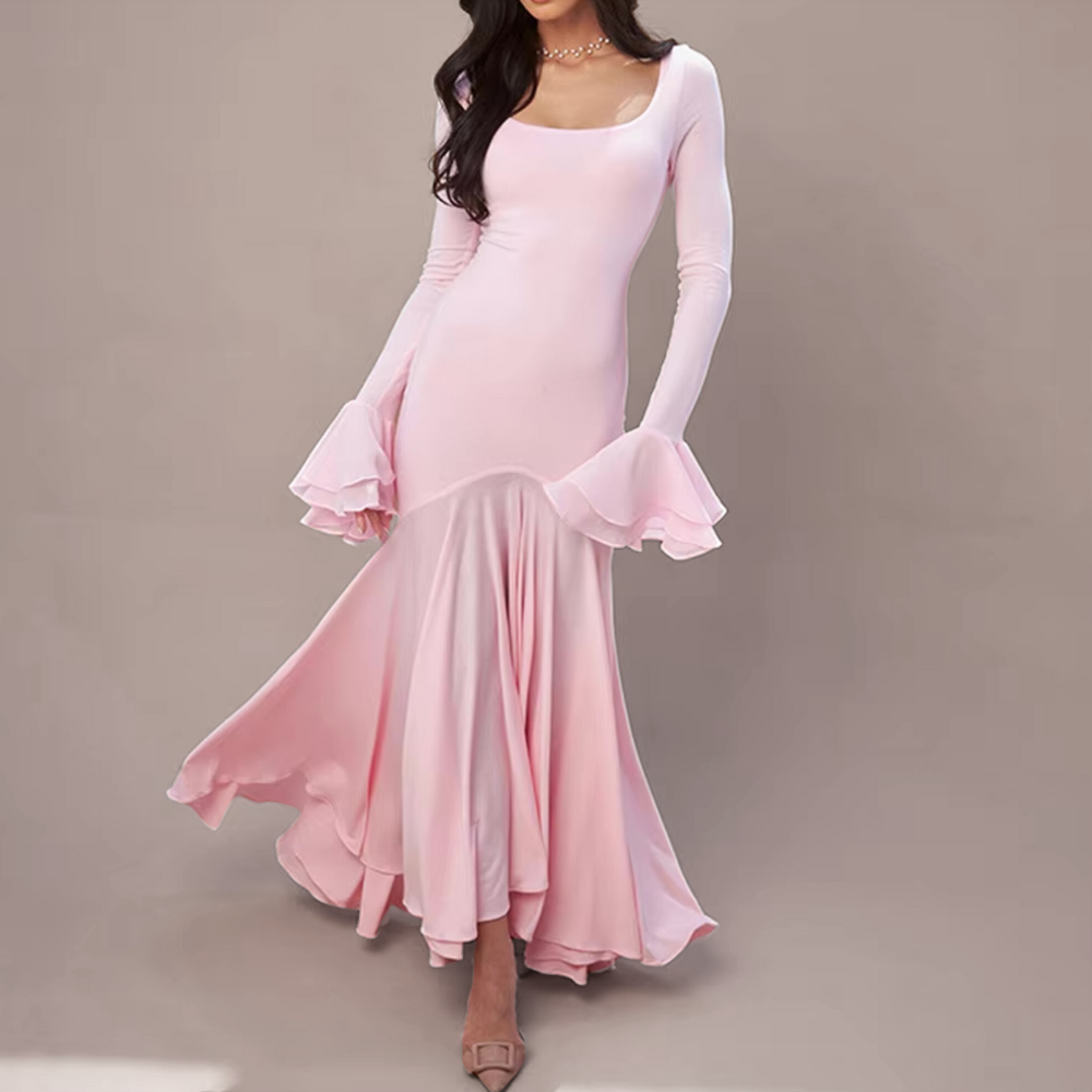 Pink Elegant Modest Ruffle Flare Sleeves Long Dress, Front