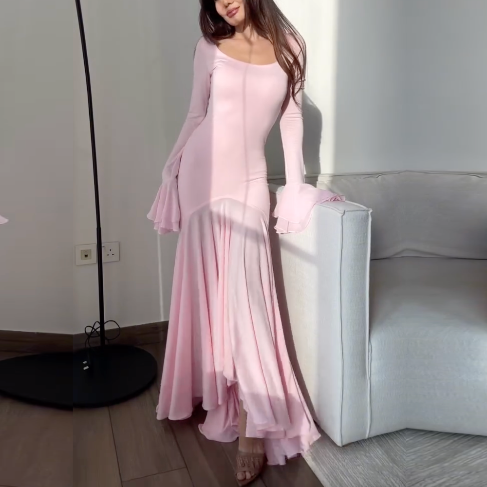 Pink Elegant Modest Ruffle Flare Sleeves Long Dress, Left
