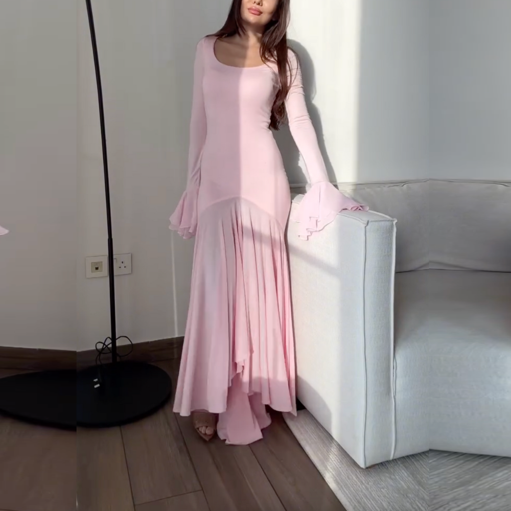 Pink Elegant Modest Ruffle Flare Sleeves Long Dress, Front 2