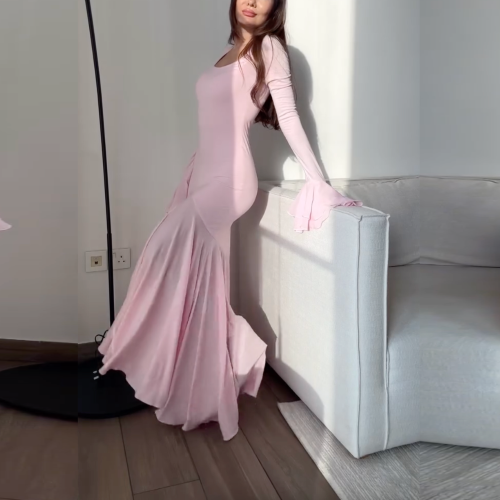 Pink Elegant Modest Ruffle Flare Sleeves Long Dress, Right