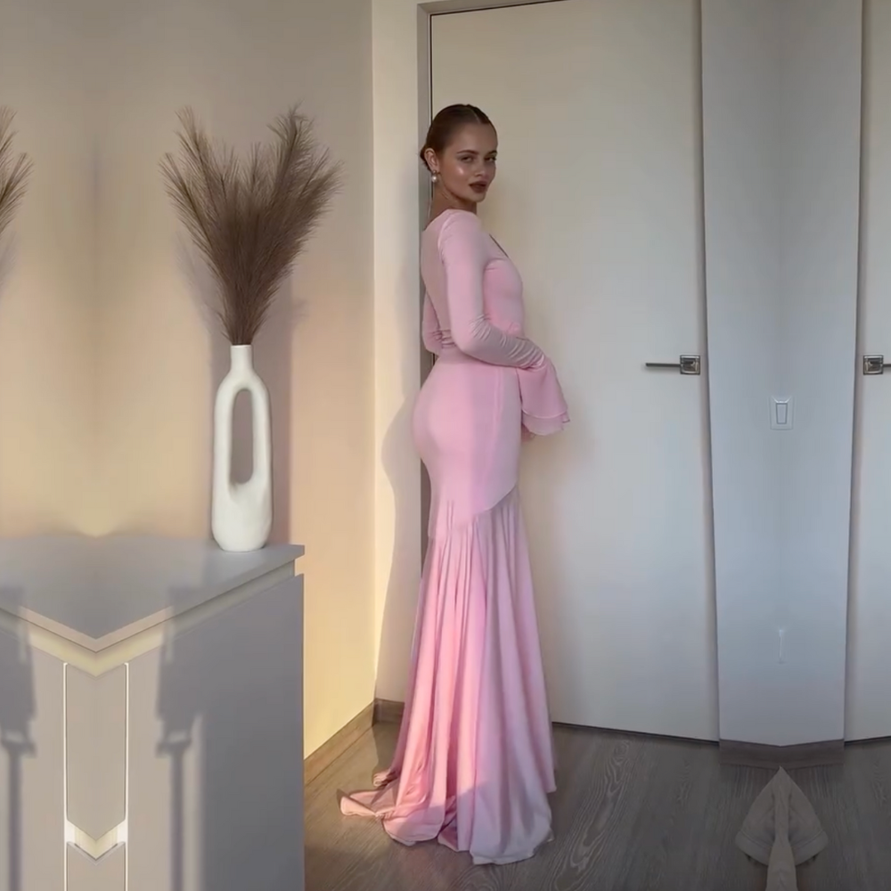 Pink Elegant Modest Ruffle Flare Sleeves Long Dress, Back
