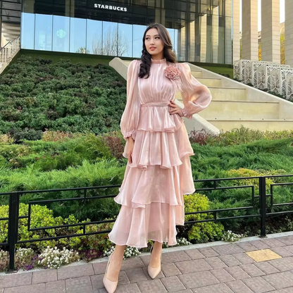 Pink Modest High Neck Ruffle Layered Party Dress, Right