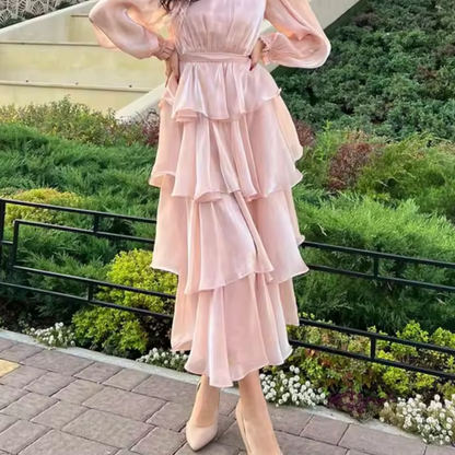 Pink Modest High Neck Ruffle Layered Party Dress, Skirt Closeup