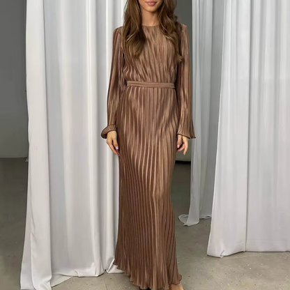 Pleated Modest Flare Sleeves Waist Tie Evening Dress, Brown