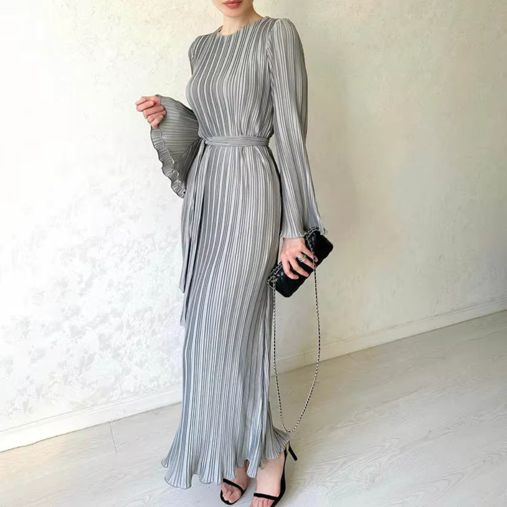 Pleated Modest Flare Sleeves Waist Tie Evening Dress, Grey Left